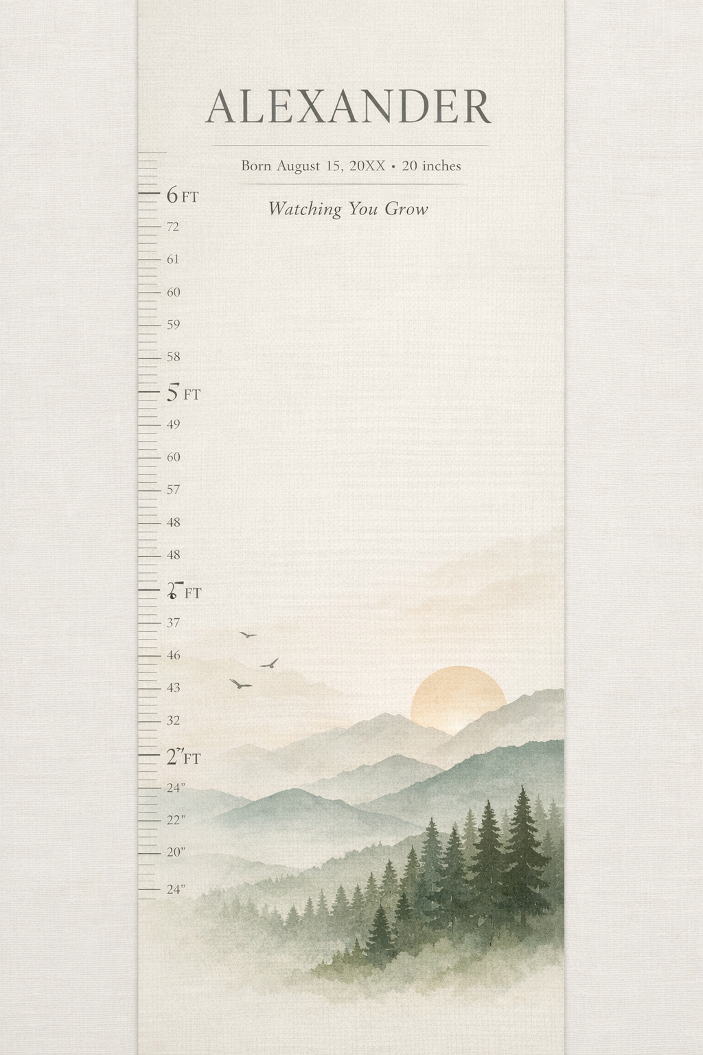 Personalized Modern Growth Chart Wall Art – 36×70 Custom Height Chart for Kids
